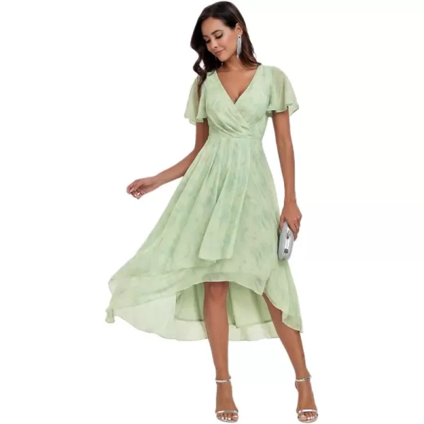 imageEverPretty Womens A Line V Neck Ruffle Sleeves Pleated High Low Formal Dresses 02084Light Green Roses