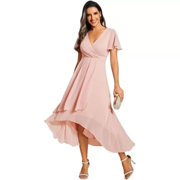 imageEverPretty Womens A Line V Neck Ruffle Sleeves Pleated High Low Formal Dresses 02084Pink