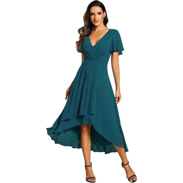 imageEverPretty Womens A Line V Neck Ruffle Sleeves Pleated High Low Formal Dresses 02084Teal