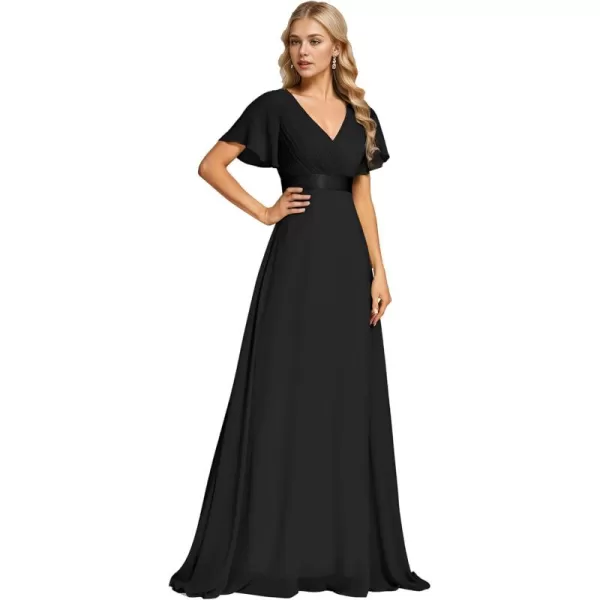 imageEverPretty Womens Bridemaids Dress V Neck Short Sleeves A Line Chiffon Long Formal DressesBlack