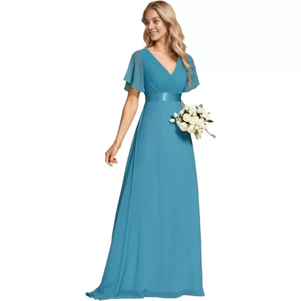 imageEverPretty Womens Bridemaids Dress V Neck Short Sleeves A Line Chiffon Long Formal DressesJade Blue