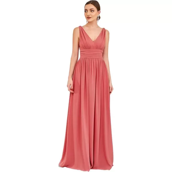 imageEverPretty Womens Bridesmaid Dress VNeck Sleeveless A Line Chiffon Floor Length Formal Dress 09016Coral