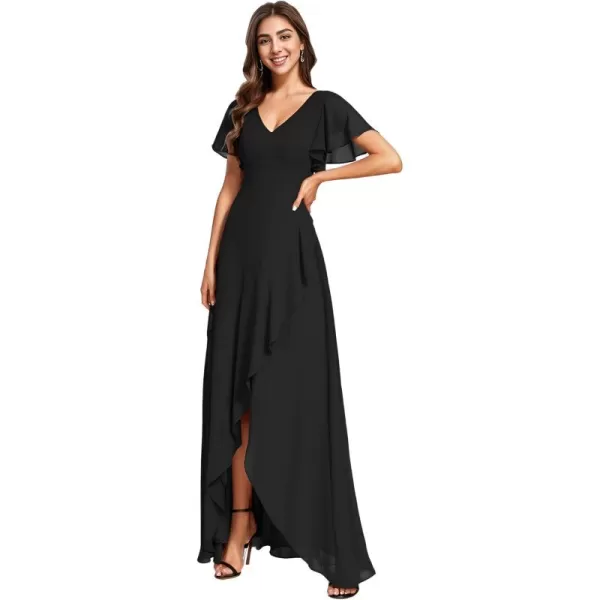 imageEverPretty Womens Double V Neck A Line Ruffle Hem Backless High Low Chiffon Wedding Guest DressesBlack