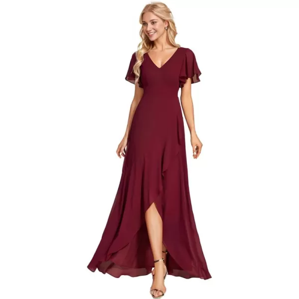 imageEverPretty Womens Double V Neck A Line Ruffle Hem Backless High Low Chiffon Wedding Guest DressesBurgundy