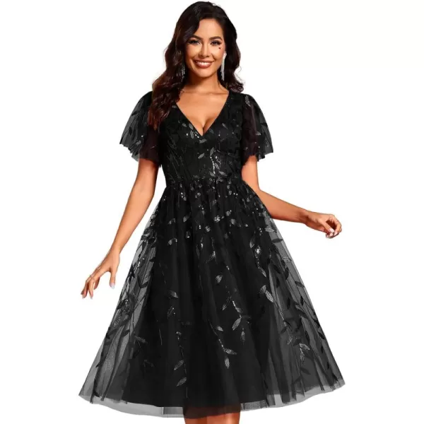 imageEverPretty Womens Elegant A Line Embroidery Tulle Sequins Short Sleeves Midi Wedding Guest Dress 02230Black