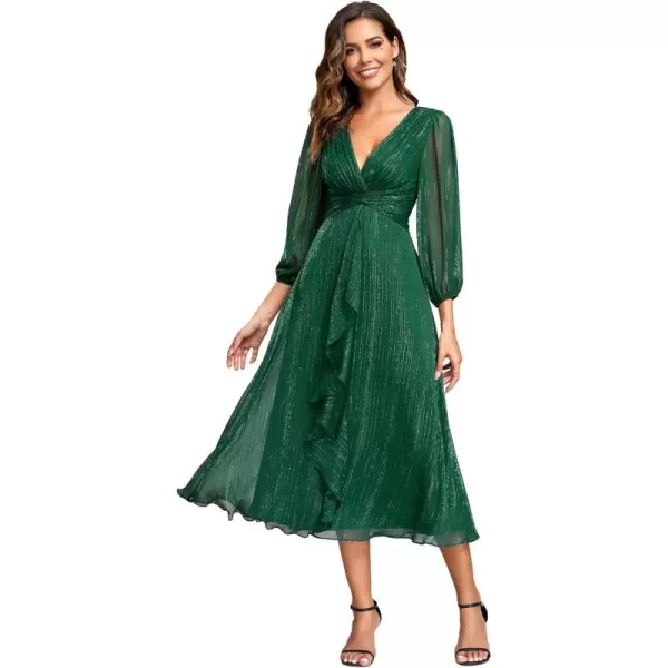 imageEverPretty Womens Elegant A Line Ruched V Neck Long Sleeves TeaLength Wedding Guest Dresses 01977Dark Green