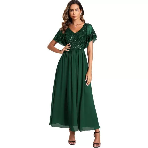 imageEverPretty Womens Formal Dress VNeck Sequin Applique Ruffles Sleeves Backless ALine Evening Dresses 01583Dark Green