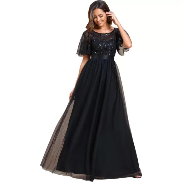 imageEverPretty Womens Formal Dresses Crew Neck Sequin Ruffle Sleeve Empire Waist Beaded Long Evening Dresses 00904Black