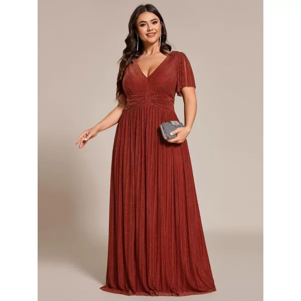 imageEverPretty Womens A Line V Neck Gliter Short Sleeves Pleated Plus Size Maxi Formal Evening Dresses 11961DABurnt Orange