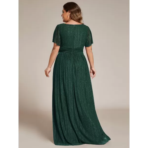 imageEverPretty Womens A Line V Neck Gliter Short Sleeves Pleated Plus Size Maxi Formal Evening Dresses 11961DADark Green