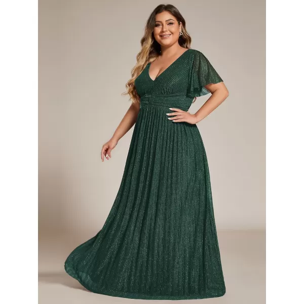 imageEverPretty Womens A Line V Neck Gliter Short Sleeves Pleated Plus Size Maxi Formal Evening Dresses 11961DADark Green