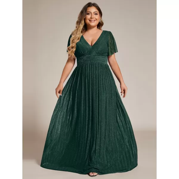 imageEverPretty Womens A Line V Neck Gliter Short Sleeves Pleated Plus Size Maxi Formal Evening Dresses 11961DADark Green