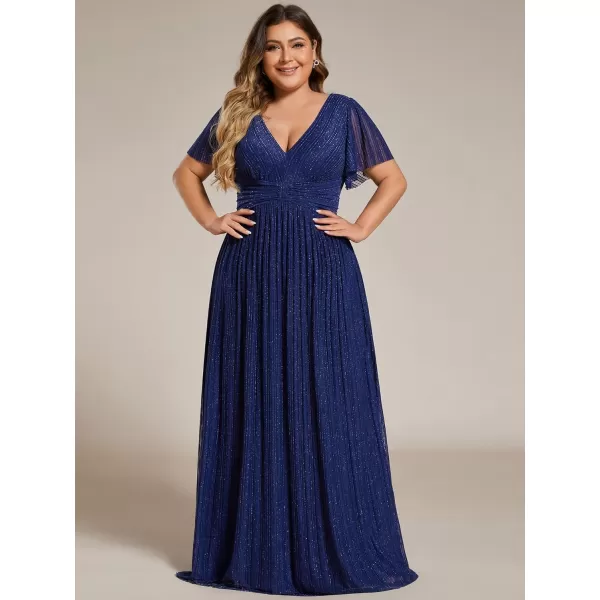 imageEverPretty Womens A Line V Neck Gliter Short Sleeves Pleated Plus Size Maxi Formal Evening Dresses 11961DANavy Blue