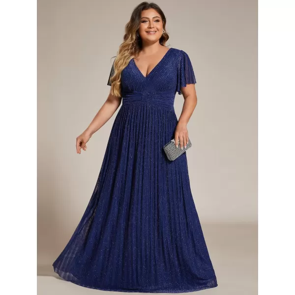 imageEverPretty Womens A Line V Neck Gliter Short Sleeves Pleated Plus Size Maxi Formal Evening Dresses 11961DANavy Blue