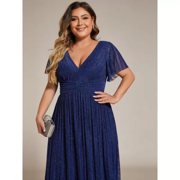 imageEverPretty Womens A Line V Neck Gliter Short Sleeves Pleated Plus Size Maxi Formal Evening Dresses 11961DANavy Blue