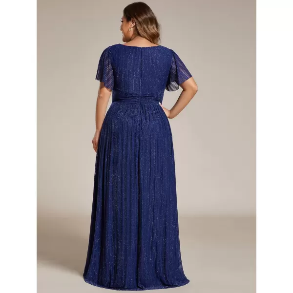 imageEverPretty Womens A Line V Neck Gliter Short Sleeves Pleated Plus Size Maxi Formal Evening Dresses 11961DANavy Blue