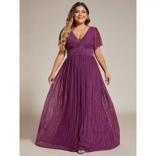 imageEverPretty Womens A Line V Neck Gliter Short Sleeves Pleated Plus Size Maxi Formal Evening Dresses 11961DAPurple Wisteria