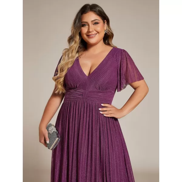 imageEverPretty Womens A Line V Neck Gliter Short Sleeves Pleated Plus Size Maxi Formal Evening Dresses 11961DAPurple Wisteria