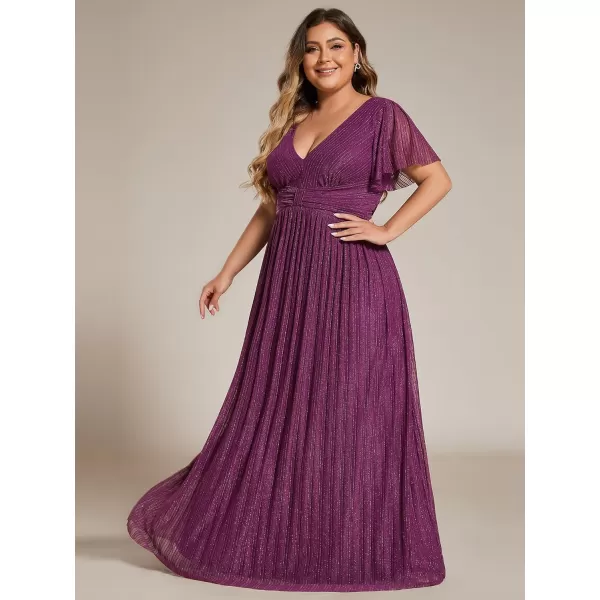 imageEverPretty Womens A Line V Neck Gliter Short Sleeves Pleated Plus Size Maxi Formal Evening Dresses 11961DAPurple Wisteria