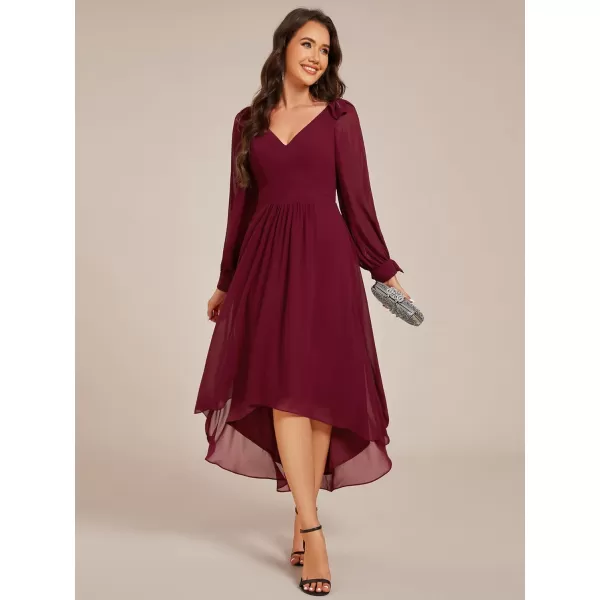 imageEverPretty Womens Chiffon Formal Dress Long Sleeve Ruched High Low Midi Length A Line Bridesmaid Dresses 02269Burgundy