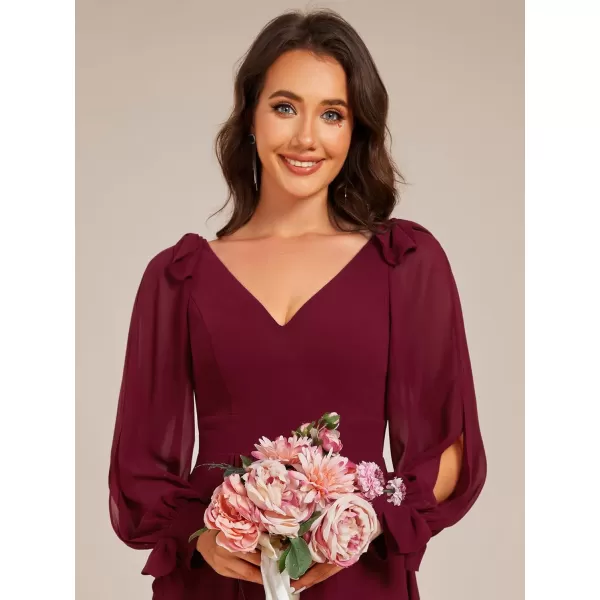 imageEverPretty Womens Chiffon Formal Dress Long Sleeve Ruched High Low Midi Length A Line Bridesmaid Dresses 02269Burgundy