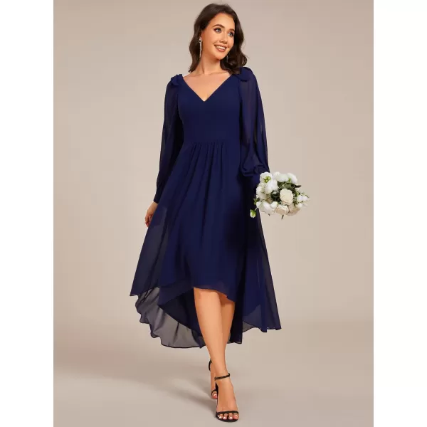 imageEverPretty Womens Chiffon Formal Dress Long Sleeve Ruched High Low Midi Length A Line Bridesmaid Dresses 02269Navy Blue