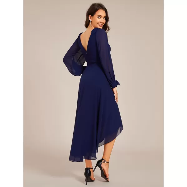 imageEverPretty Womens Chiffon Formal Dress Long Sleeve Ruched High Low Midi Length A Line Bridesmaid Dresses 02269Navy Blue