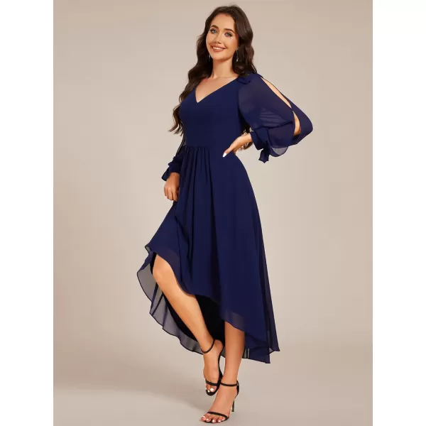 imageEverPretty Womens Chiffon Formal Dress Long Sleeve Ruched High Low Midi Length A Line Bridesmaid Dresses 02269Navy Blue