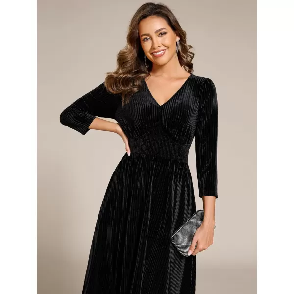 imageEverPretty Womens Classic Velvet VNeck Elastic Waist A Line Long Sleeves Wedding Guest Dresses with Pocket 02311Black