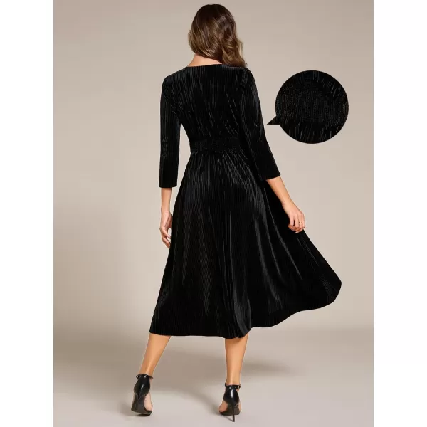 imageEverPretty Womens Classic Velvet VNeck Elastic Waist A Line Long Sleeves Wedding Guest Dresses with Pocket 02311Black