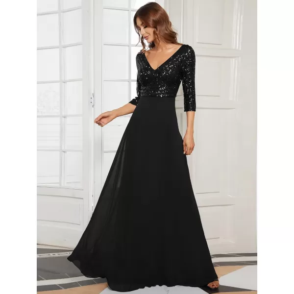 imageEverPretty Womens Elegant Formal Dress VNeck Long Sleeve Sequin Maxi Chiffon Evening Dresses 00751Black