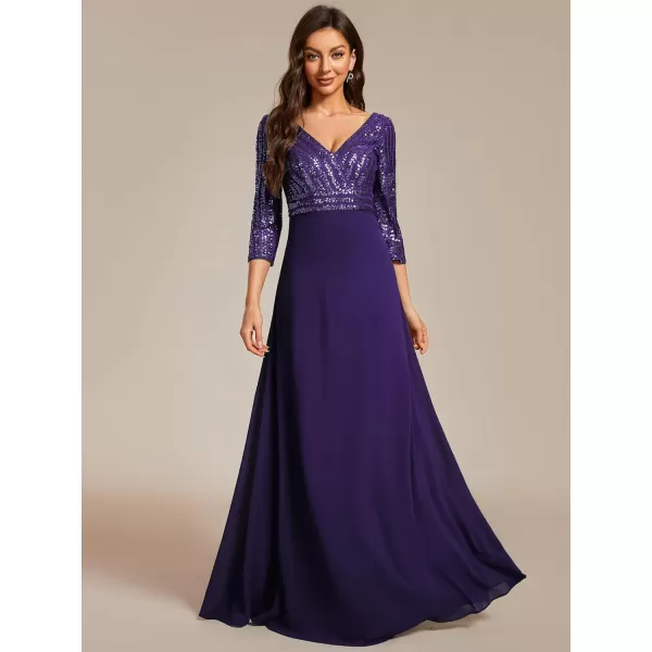 imageEverPretty Womens Elegant Formal Dress VNeck Long Sleeve Sequin Maxi Chiffon Evening Dresses 00751Deep Purple