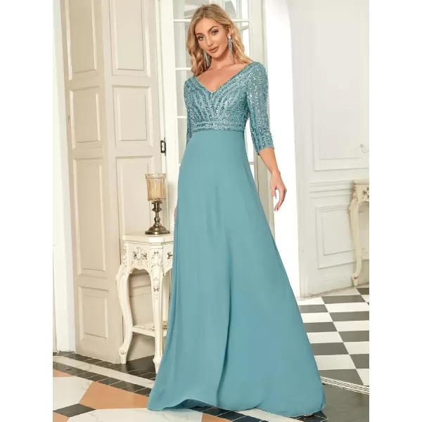 imageEverPretty Womens Elegant Formal Dress VNeck Long Sleeve Sequin Maxi Chiffon Evening Dresses 00751Demin Blue