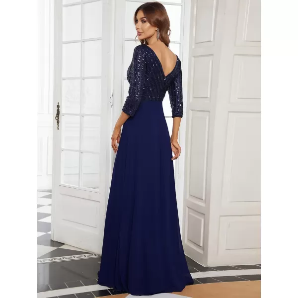 imageEverPretty Womens Elegant Formal Dress VNeck Long Sleeve Sequin Maxi Chiffon Evening Dresses 00751Navy Blue