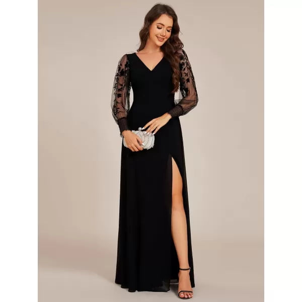 imageEverPretty Womens Elegant V Neck Floral Sheer Long Sleeves Slit Chiffon Maxi Evening Dresses 02251Black