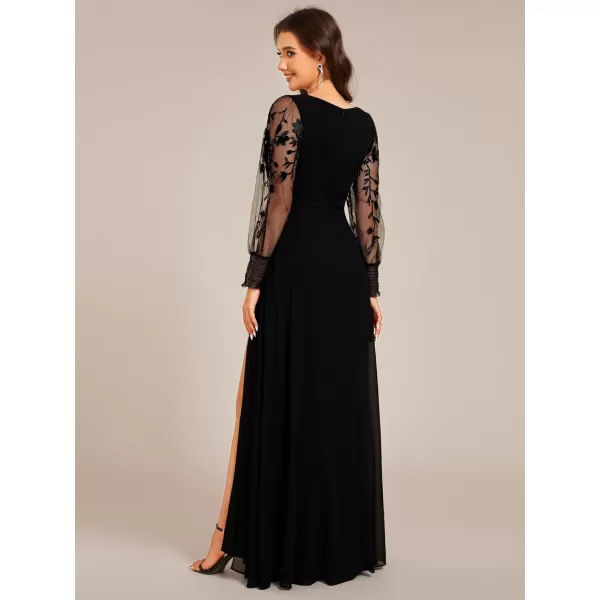 imageEverPretty Womens Elegant V Neck Floral Sheer Long Sleeves Slit Chiffon Maxi Evening Dresses 02251Black