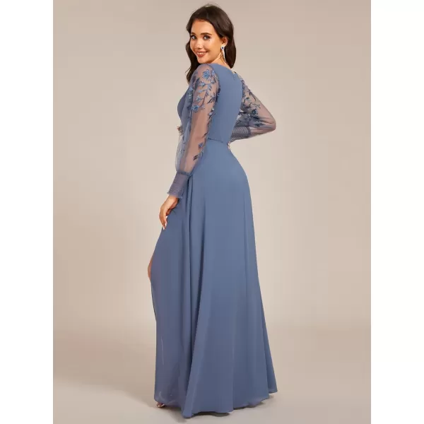 imageEverPretty Womens Elegant V Neck Floral Sheer Long Sleeves Slit Chiffon Maxi Evening Dresses 02251Dusty Blue