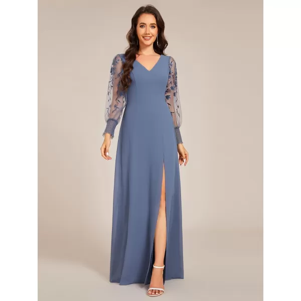 imageEverPretty Womens Elegant V Neck Floral Sheer Long Sleeves Slit Chiffon Maxi Evening Dresses 02251Dusty Blue