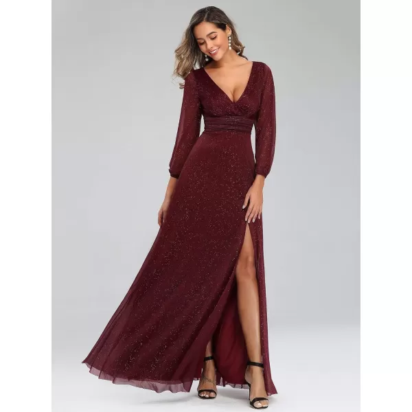 imageEverPretty Womens Evening Gown VNeck Front Wrap High Thigh Slit A Line Formal Dress 0739Burgundy