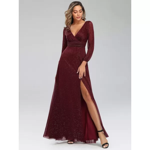 imageEverPretty Womens Evening Gown VNeck Front Wrap High Thigh Slit A Line Formal Dress 0739Burgundy