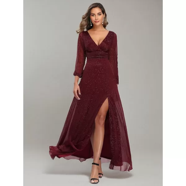 imageEverPretty Womens Evening Gown VNeck Front Wrap High Thigh Slit A Line Formal Dress 0739Burgundy