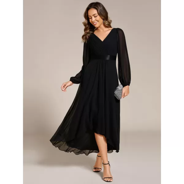 imageEverPretty Womens Fall Chiffon V Neck Long Sleeves HighLow Tea Length ALine Formal Wedding Guest Dresses 09894Black