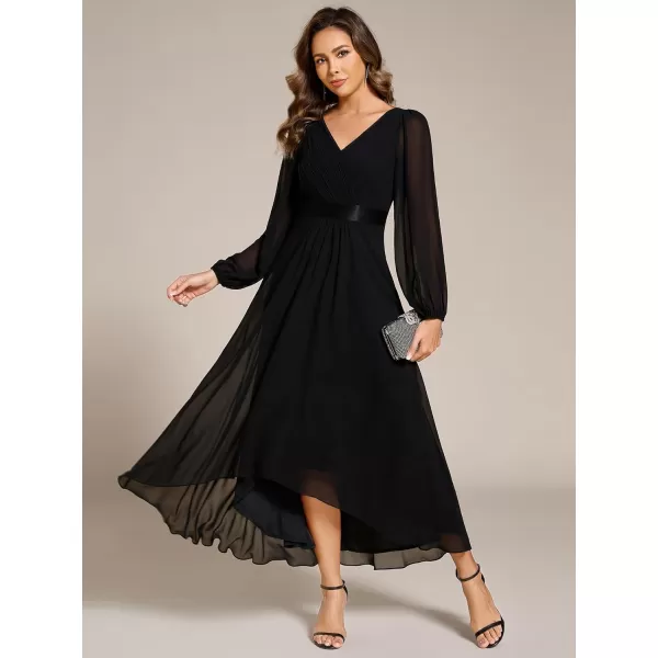 imageEverPretty Womens Fall Chiffon V Neck Long Sleeves HighLow Tea Length ALine Formal Wedding Guest Dresses 09894Black