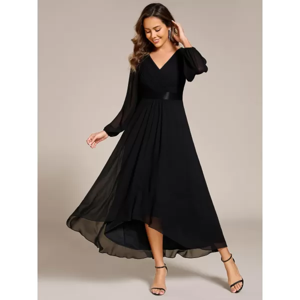 imageEverPretty Womens Fall Chiffon V Neck Long Sleeves HighLow Tea Length ALine Formal Wedding Guest Dresses 09894Black