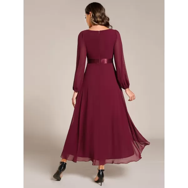 imageEverPretty Womens Fall Chiffon V Neck Long Sleeves HighLow Tea Length ALine Formal Wedding Guest Dresses 09894Burgundy