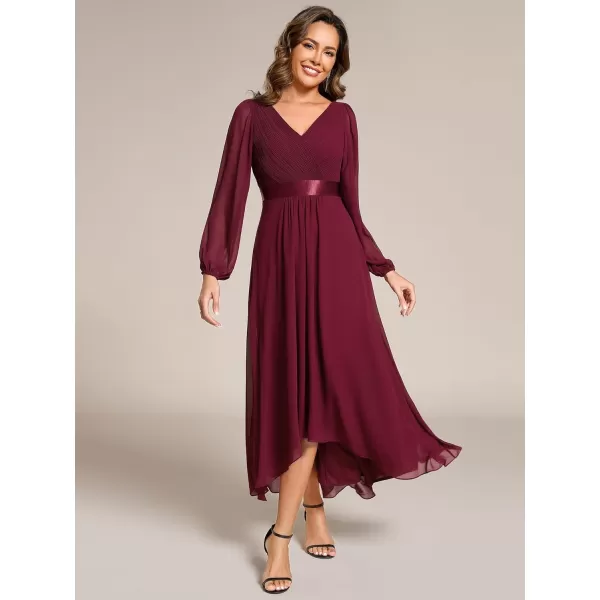 imageEverPretty Womens Fall Chiffon V Neck Long Sleeves HighLow Tea Length ALine Formal Wedding Guest Dresses 09894Burgundy