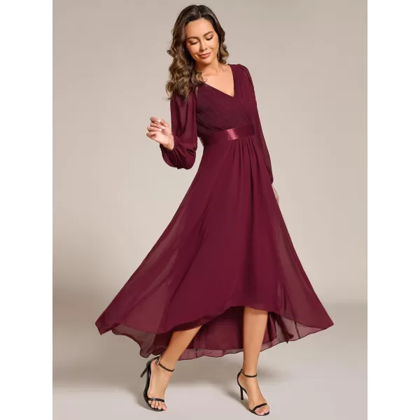 imageEverPretty Womens Fall Chiffon V Neck Long Sleeves HighLow Tea Length ALine Formal Wedding Guest Dresses 09894Burgundy