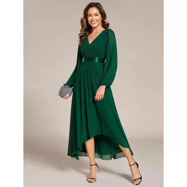 imageEverPretty Womens Fall Chiffon V Neck Long Sleeves HighLow Tea Length ALine Formal Wedding Guest Dresses 09894Dark Green