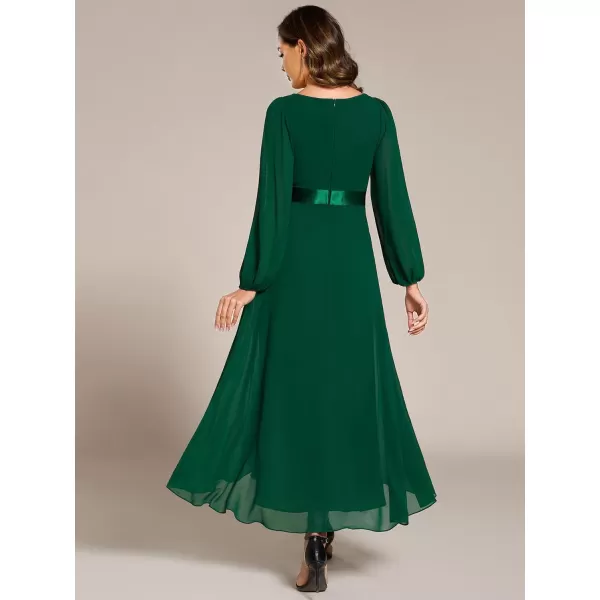 imageEverPretty Womens Fall Chiffon V Neck Long Sleeves HighLow Tea Length ALine Formal Wedding Guest Dresses 09894Dark Green