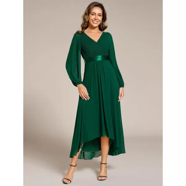 imageEverPretty Womens Fall Chiffon V Neck Long Sleeves HighLow Tea Length ALine Formal Wedding Guest Dresses 09894Dark Green